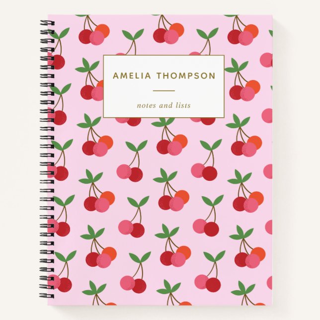Cuaderno Patrón retro de fruta de cerezo rosa personalizado (Anverso)