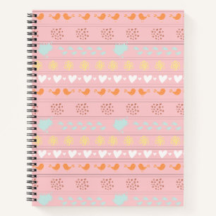 Cuaderno patrón rosa de aves, puntos, pasos, flores,