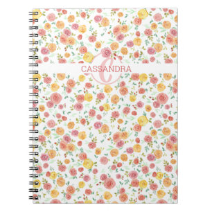 Cuaderno Patrón Rosa floral de bonito con monograma de nomb