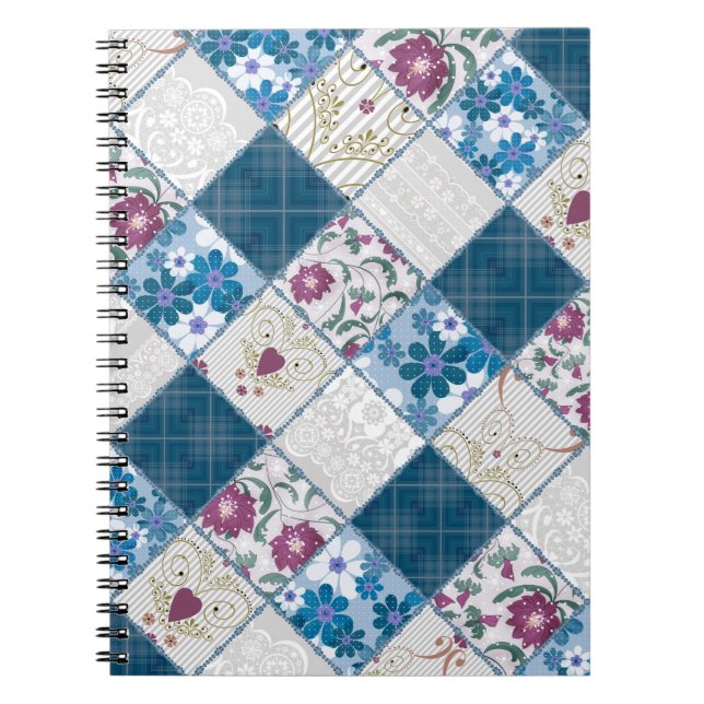 Cuaderno Patrón rústico de moda azul de retazos de tela (Frente)