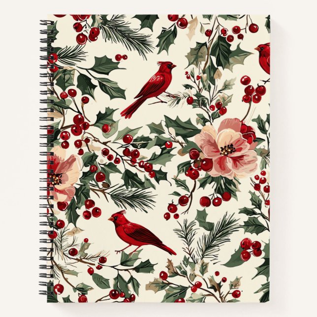 Cuaderno Patrón Rústico de Navidades de Pájaro y Poinsettia (Anverso)