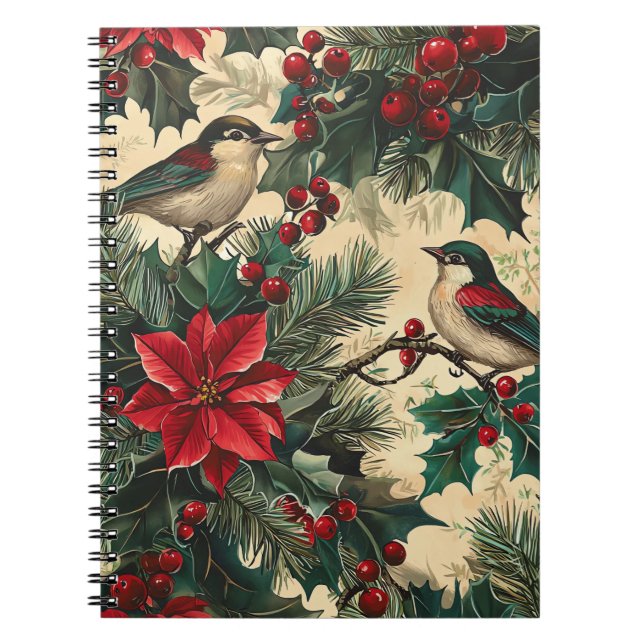 Cuaderno Patrón Rústico de Navidades de Pájaros y Poinsetti (Frente)