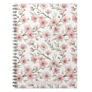 Cuaderno Patrón Sakura de flores de cerezo rosa en blanco (