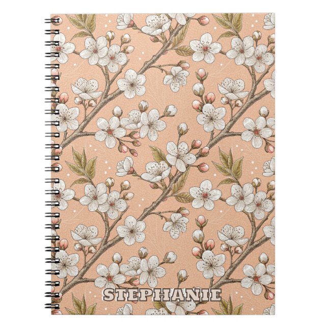 Cuaderno Patrón Sakura de flores de cerezo rosa sobre rosa  (Frente)