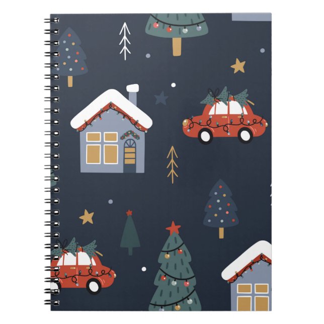 Cuaderno Patrón sin fisuras con árbol de navidad, auto (Frente)