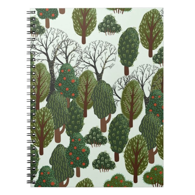 Cuaderno Patrón sin foco, bosque verde con árbol diferente (Frente)