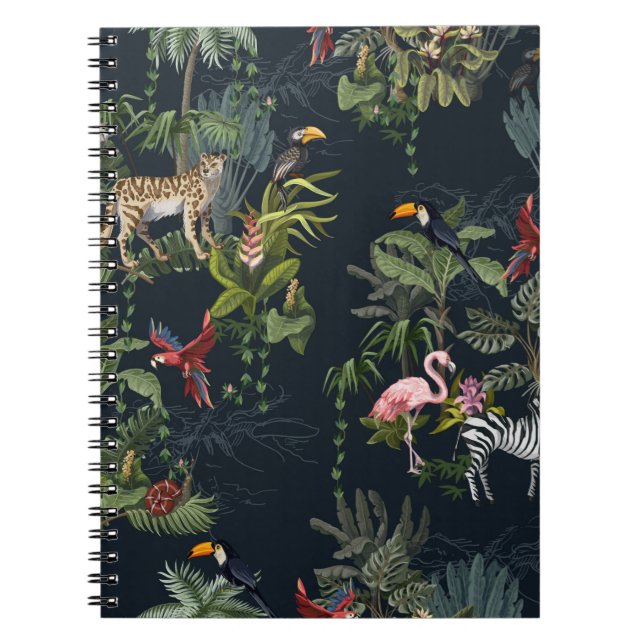 Cuaderno Patrón sin foco con animales de la jungla, flores  (Frente)