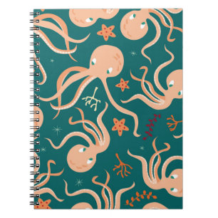 Cuaderno Patrón sin foco con animales submarinos, submarino
