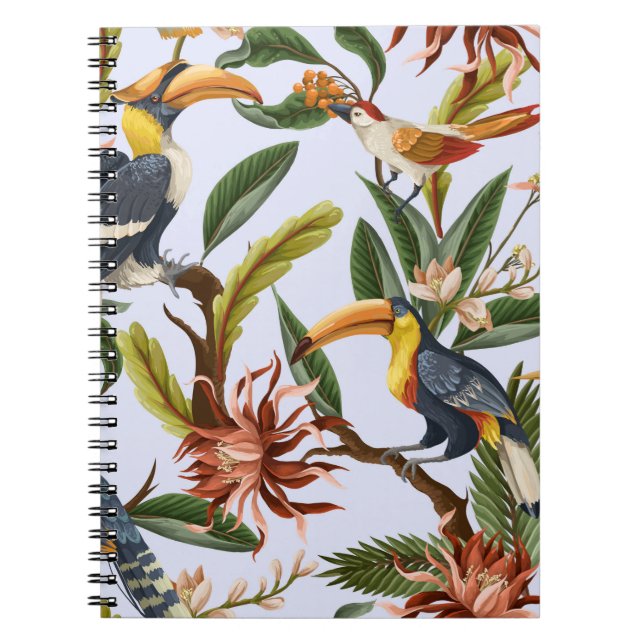 Cuaderno Patrón sin foco con aves y hojas tropicales (Frente)
