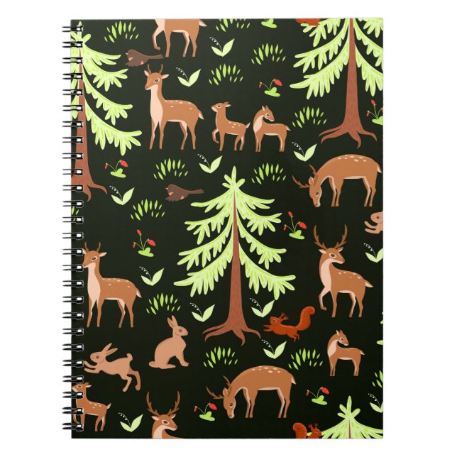 Cuaderno Patrón sin foco con ciervos en el bosque. (Frente)