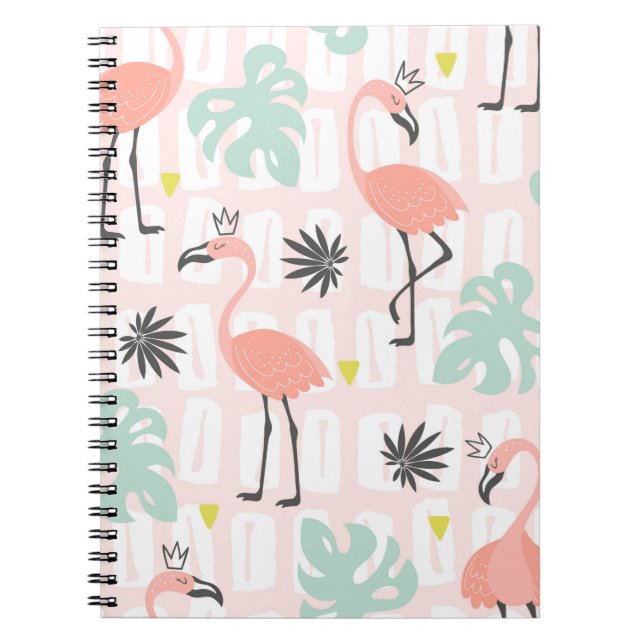 Cuaderno Patrón sin foco con flamencos rosados y hojas de p (Frente)