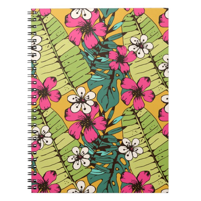 Cuaderno Patrón sin foco con flores tropicales, hojas de pa (Frente)