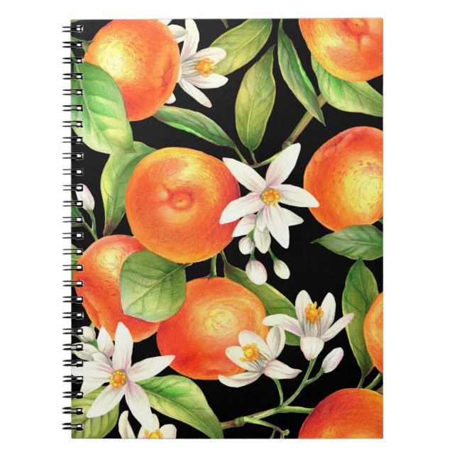 Cuaderno Patrón sin foco con frutos naranjas, flores y l (Frente)