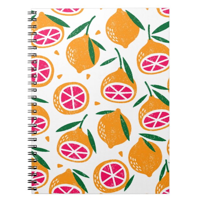 Cuaderno Patrón sin foco con frutos. Sello texturado. (Frente)