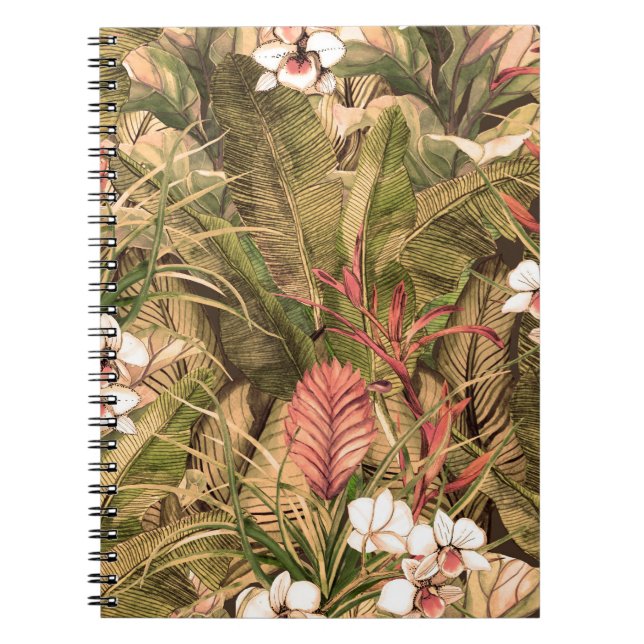 Cuaderno Patrón sin foco con hojas y flores tropicales. (Frente)