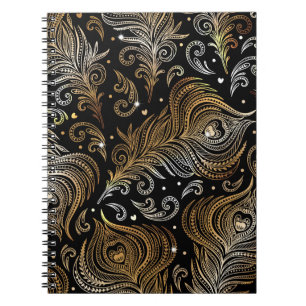 Cuaderno Patrón sin foco con plumas de pavo real. Freehand
