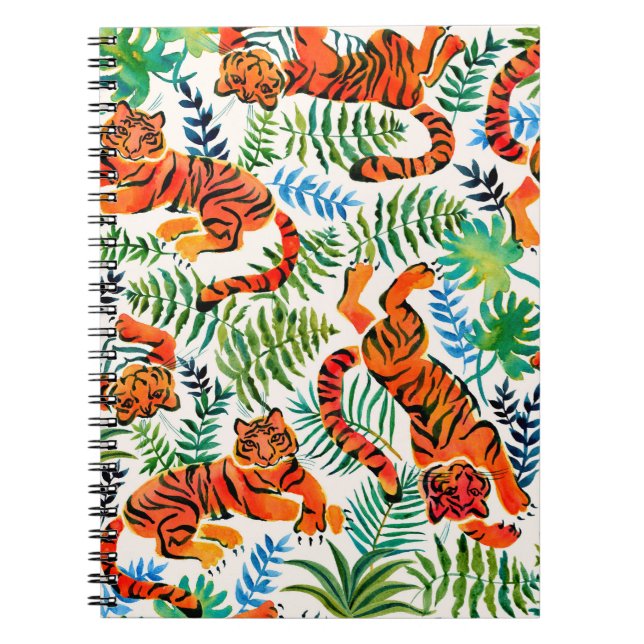 Cuaderno Patrón sin foco con tigres de acuarela pintados (Frente)