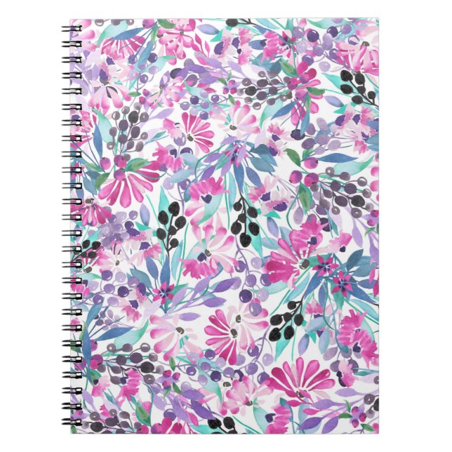 Cuaderno Patrón sin foco de flores y bayas púrpura, blu (Frente)