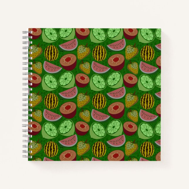 Cuaderno Patrón sin foco de fruta tropical y fondo verde (Anverso)