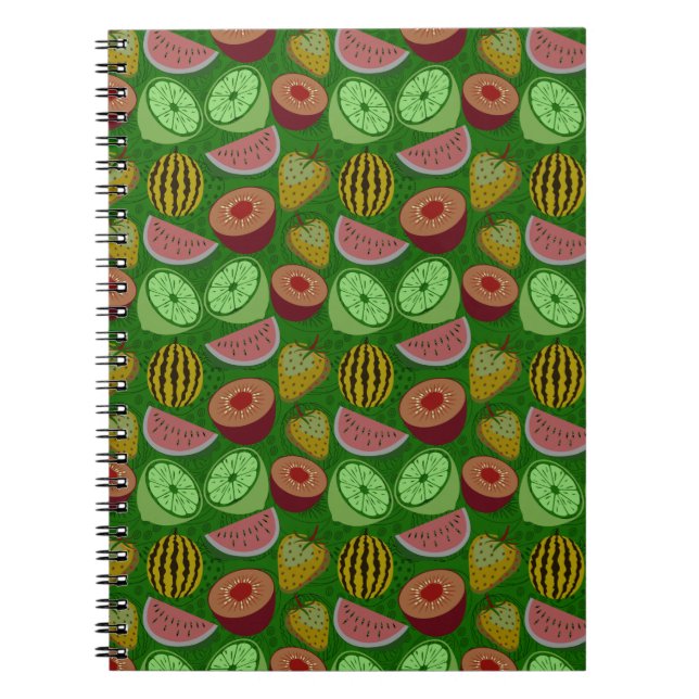 Cuaderno Patrón sin foco de fruta tropical y fondo verde (Frente)