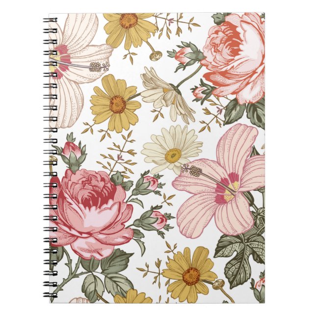 Cuaderno Patrón sin foco. Hermoso realismo rosa floreciente (Frente)
