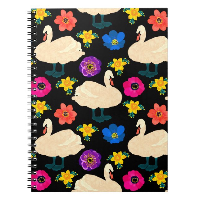 Cuaderno Patrón sin soldadura con cisnes y flores, dibujo a (Frente)