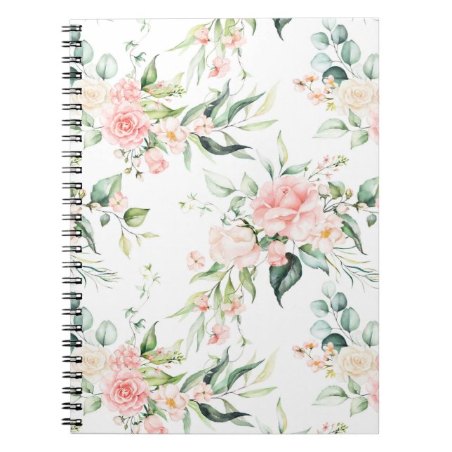 Cuaderno Patrón suave de flor rosa rosada en pasto (Frente)