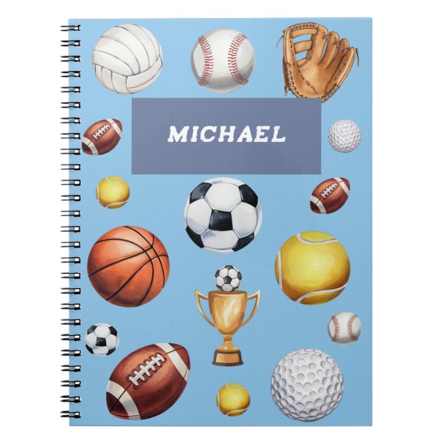 Cuaderno patrón temático de deportes fútbol tenis béisbol (Frente)