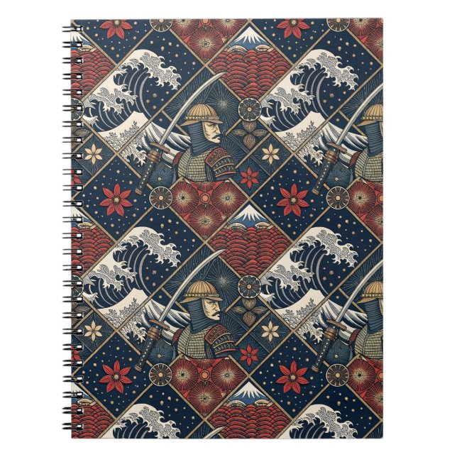 Cuaderno Patrón tradicional japonés de Samurái y Gran Ola (Frente)