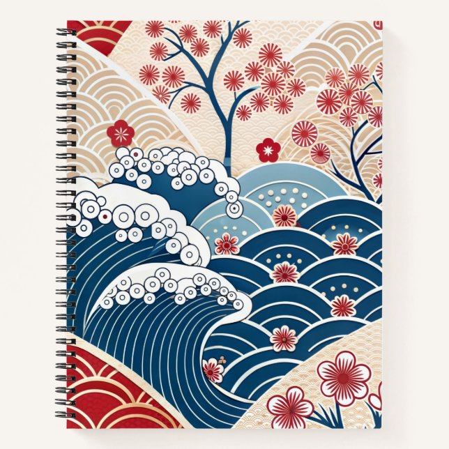 Cuaderno Patrón Tradicional Rojo Azul Ola Japonesa Sakura (Anverso)
