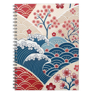 Cuaderno Patrón Tradicional Rojo Azul Ola Japonesa Sakura
