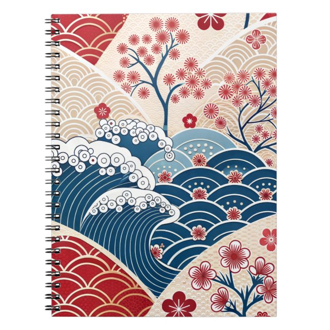 Cuaderno Patrón Tradicional Rojo Azul Ola Japonesa Sakura (Frente)