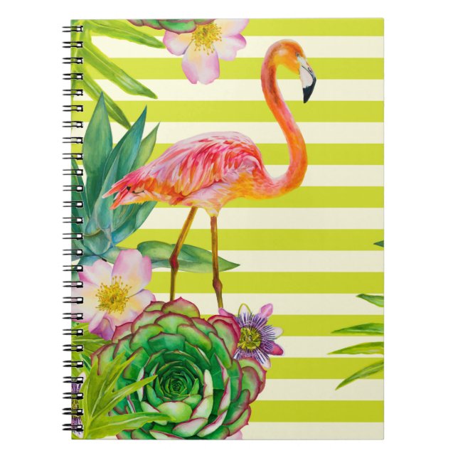 Cuaderno patrón transparente con flamingo rosa y tr exótico (Frente)