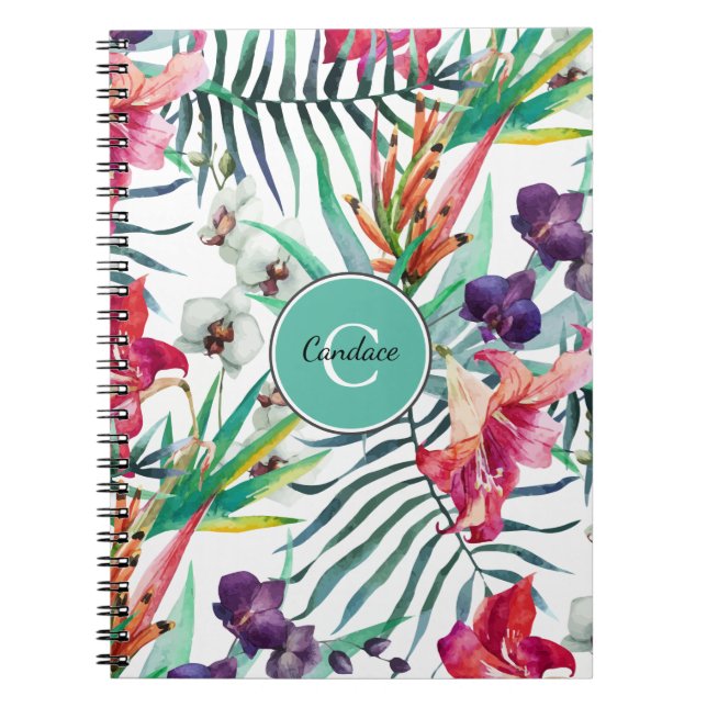 Cuaderno Patrón tropical estilo isla con monograma (Frente)