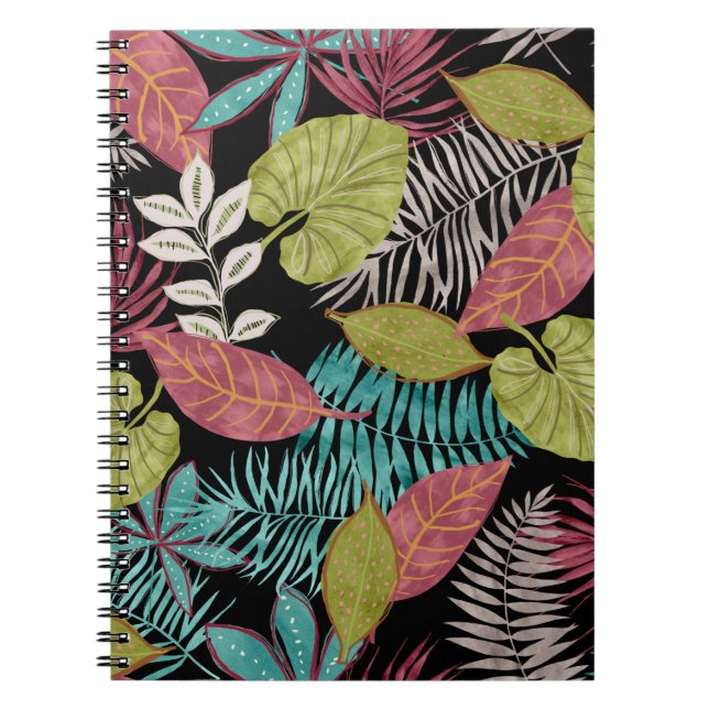 Cuaderno Patrón tropical hecho con fondo oscuro y pulga (Frente)