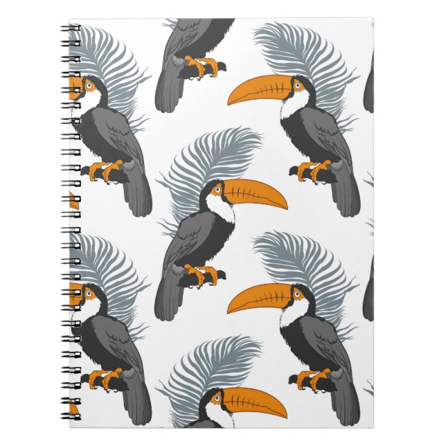 Cuaderno Patrón tropical sin fisuras con tocanes y hojas.  (Frente)
