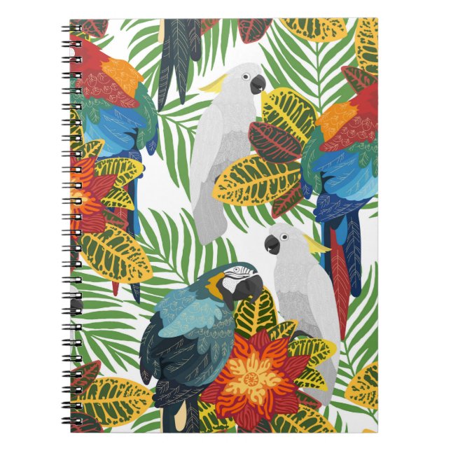 Cuaderno Patrón tropical sin foco con loros.  (Frente)