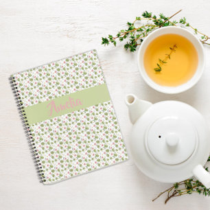 Cuaderno Patrón verde rosa Flor de color de agua portátil