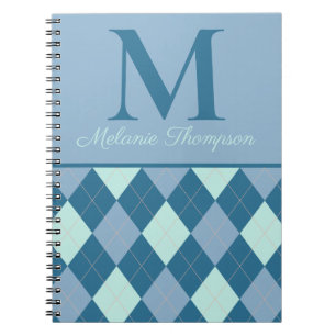 Cuaderno Patrón Vintage Argyle Azul con Nombre Personalizad