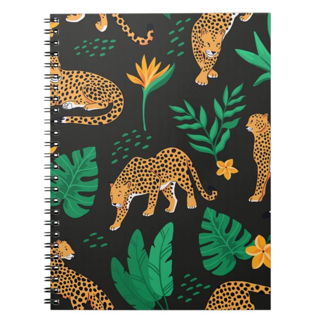 Cuaderno Patrón vintage con leopardos y hojas tropicales  (Frente)