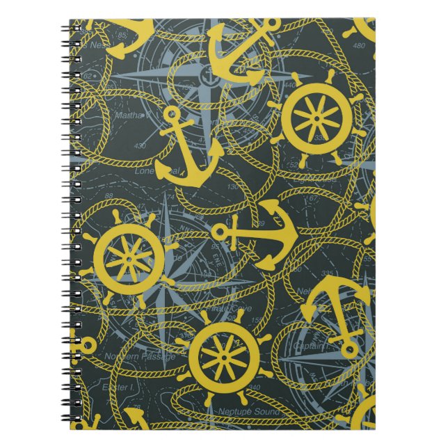 Cuaderno Patrón vintage náutico, ancla y mapa. (Frente)