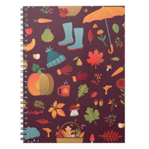 Cuaderno Patrón vintage sin foco de otoño. Hongos, bellotas