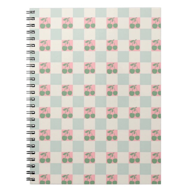 Cuaderno Patrón Y2K de cerezo estético verde rosado (Frente)