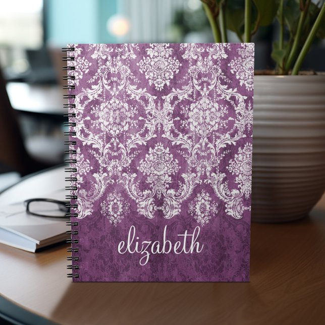 Cuaderno Patrón y nombre de la damáscara de época de Plum (Personalized notebook - add name and custom text)