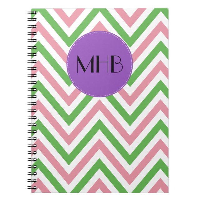 Cuaderno Patrón Zigzag, Chevron, Rosa, Verde, Monograma (Frente)