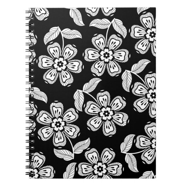 Cuaderno Patrona de flores de doodle en blanco y negro, abs (Frente)
