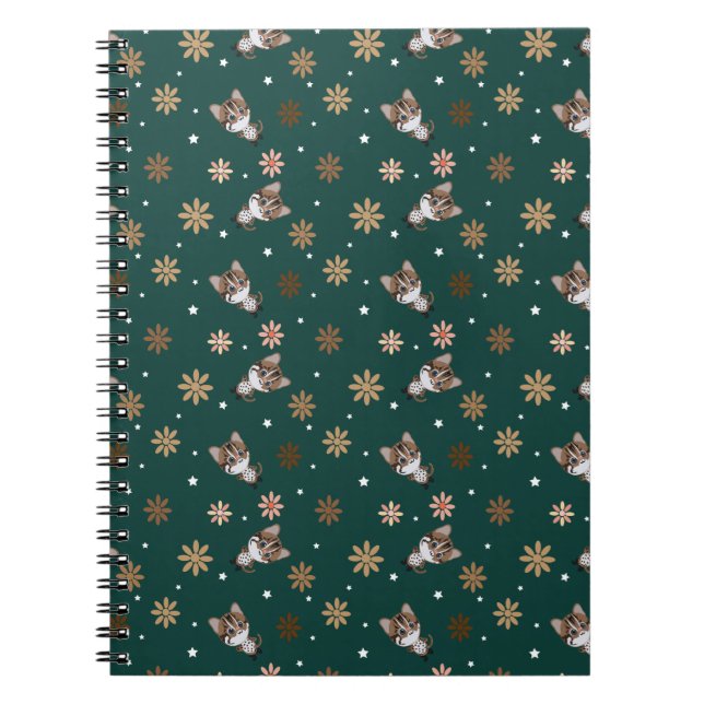 Cuaderno Patrones de flores y gatos leopardos (Frente)