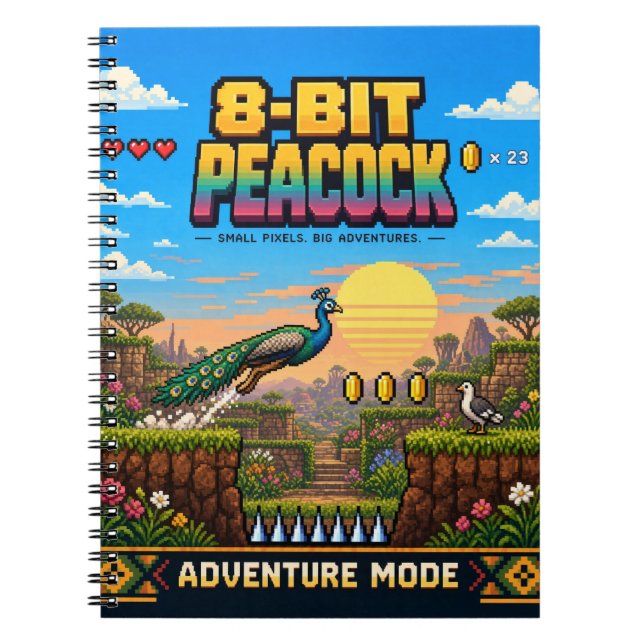 Cuaderno Pavo real, arte de píxel retro de 8 bits (Frente)