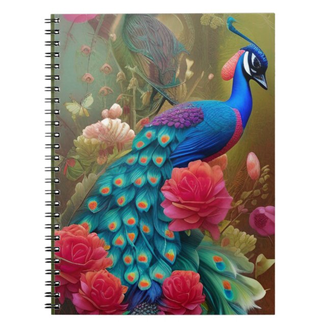 Cuaderno Pavo real azul en un jardín rosa rosa (Frente)