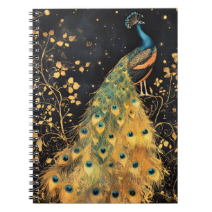 Cuaderno pavo real con plumaje vibrante azul y dorado